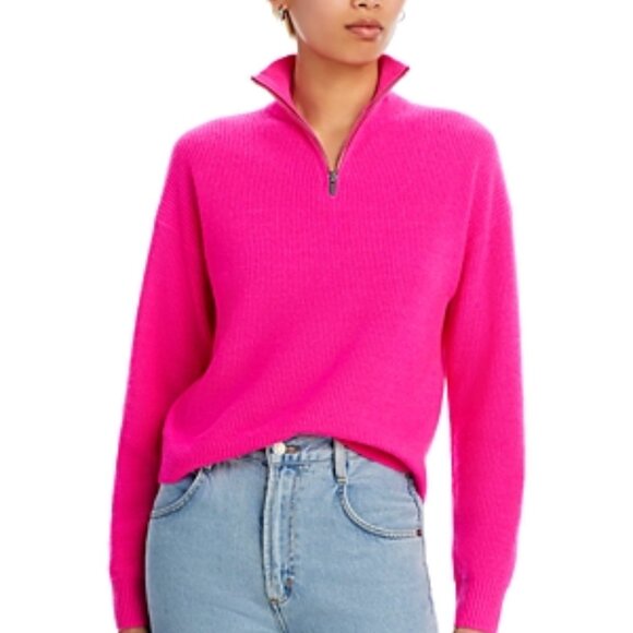 AQUA Neon Pink Quarter-Zip Cashmere Sweater NWT S — 100% Cashmere - Picture 1 of 4